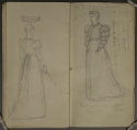 'Woman wearing a dress with puffed sleeves', & 'Woman wearing a dress with a train', Valparaiso Notebook, pp. 26-27, GUL