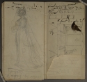 'Woman seen from the back, in riding dress, & a ruff', & 'Two men at a table, a head, & a plan', Valparaiso Notebook, pp. 28-29, GUL