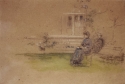 A woman and a man seated in a garden