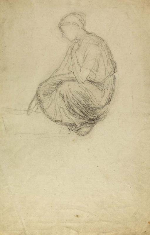 A crouching woman in a short-sleeved robe