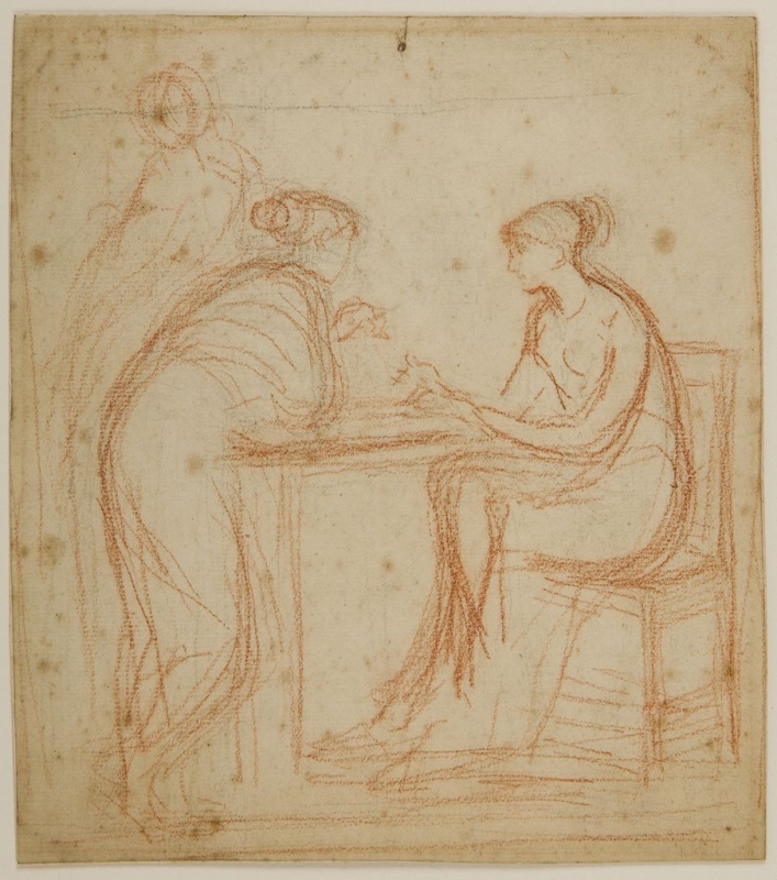 Two figures seated and one standing