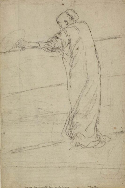 Draped figure with fan, on balcony