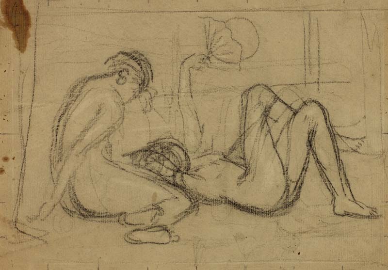 r.: Two nudes reclining on a terrace; v.: Two women looking over a terrace