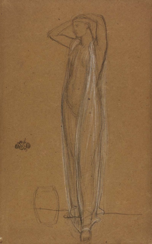 A woman with a vase by her feet