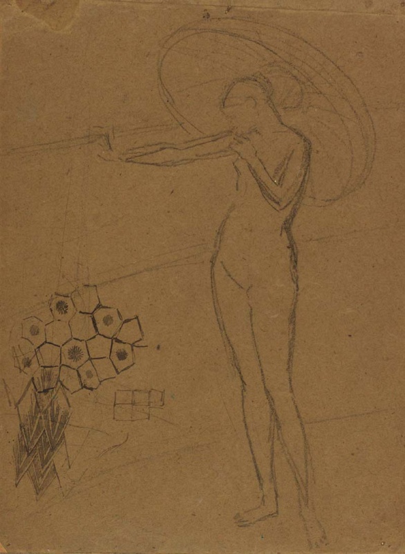 A nude holding up a parasol