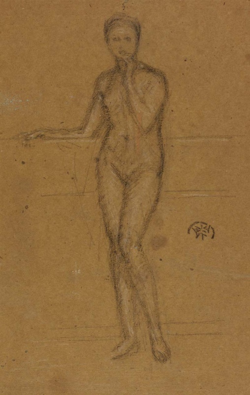 A nude with her right arm resting along a rail
