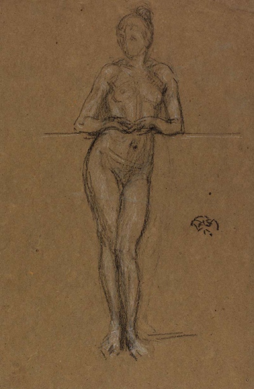 A nude with her elbows resting on a rail