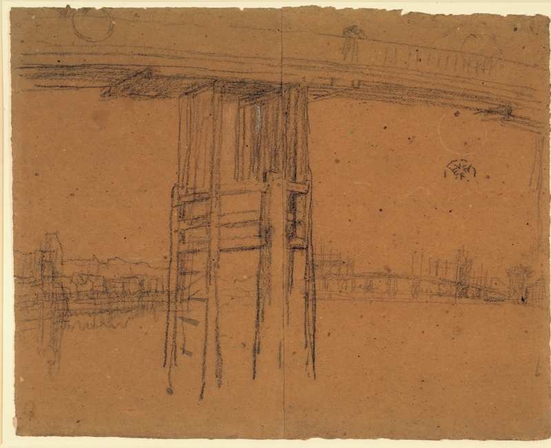 r.: Study for 'Blue and Silver: Screen, with Old Battersea Bridge'; v.: Seated nude, man in top hat; figure, buildings