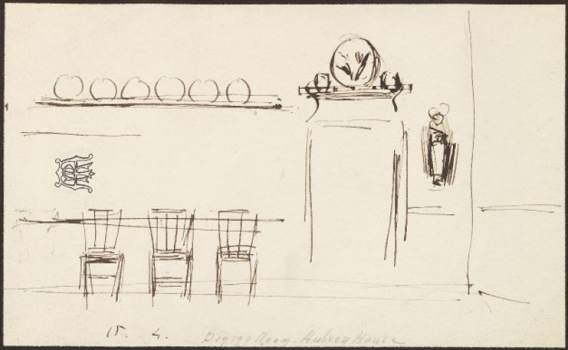 Designs for the dining-room at Aubrey House: (a) chairs and door, plates on wall; (b) vase in arched recess