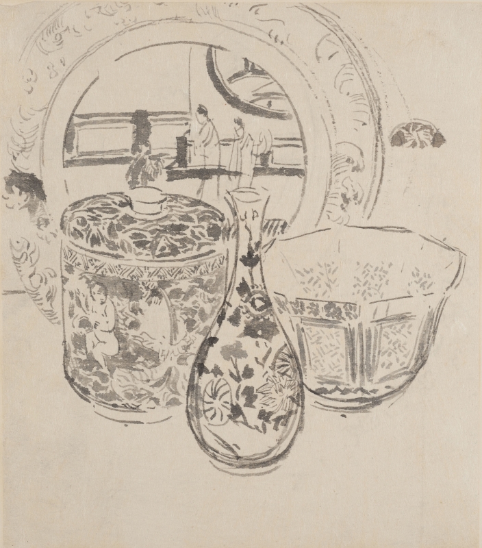 Plate, Bowl with a cover surmounted by a cup-shaped knob, Globular-shaped Bottle with long neck and Eight-sided Bowl