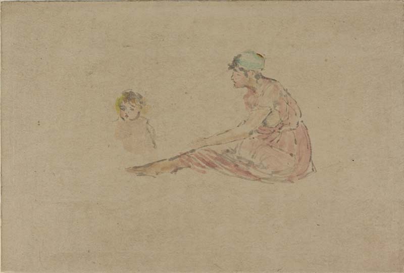 Girl seated in profile to the left, with a baby