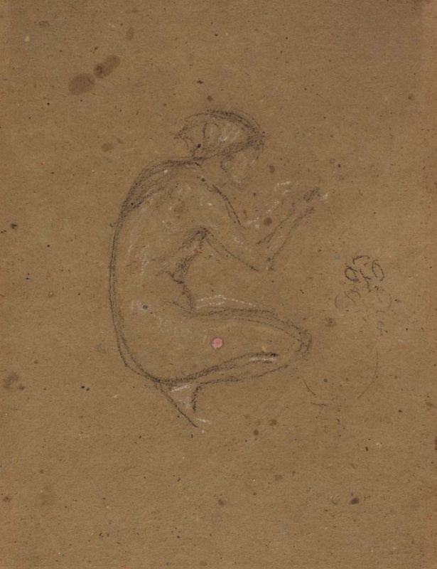 A crouching nude tending a flowering plant
