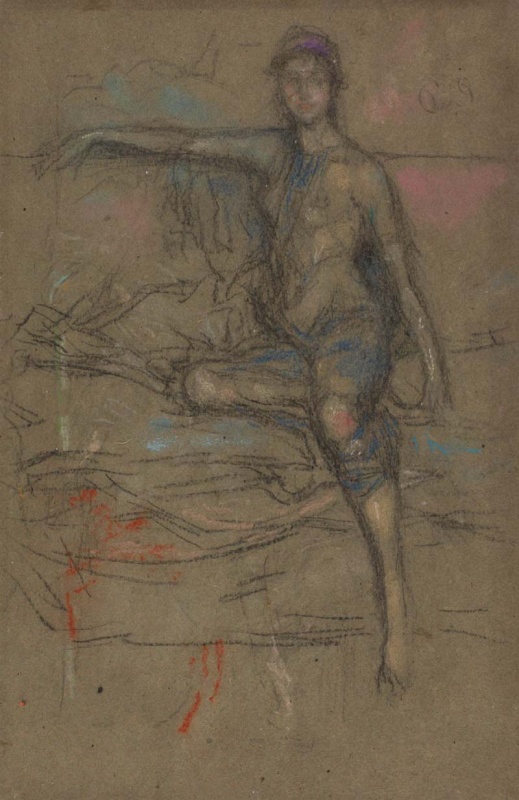 r.: A woman in a blue robe seated on a sofa; v.: Illegible