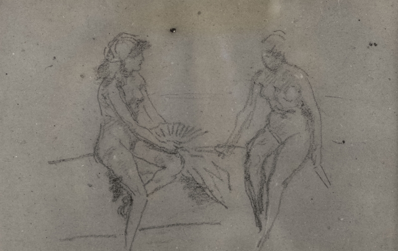 Two nudes seated on a sofa, one with a cap and fan