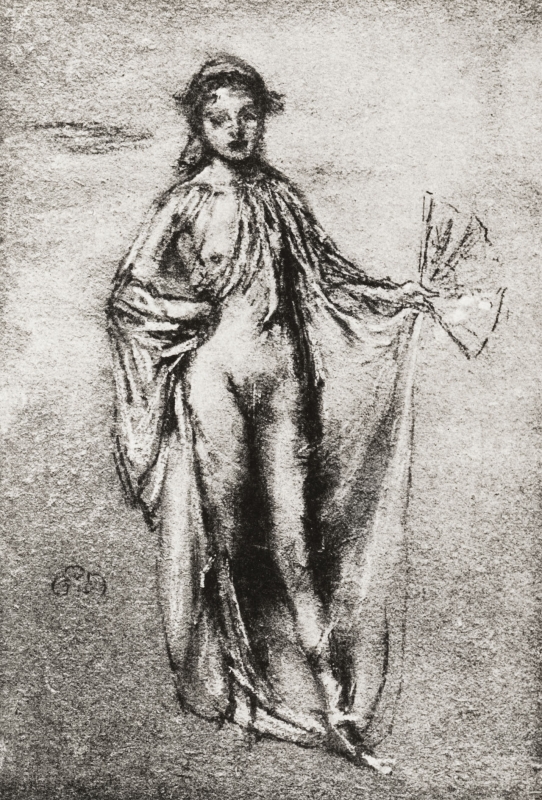 A draped girl holding a fan in her left hand